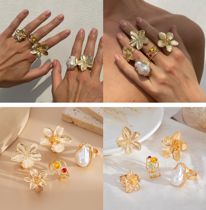 5-Piece Molten Gold Tone Ring Set - Vintage Baroque Flowers, Large Faux Pearl & Colourful Gem Cuff - Adjustable Boho Stackable Jewellery