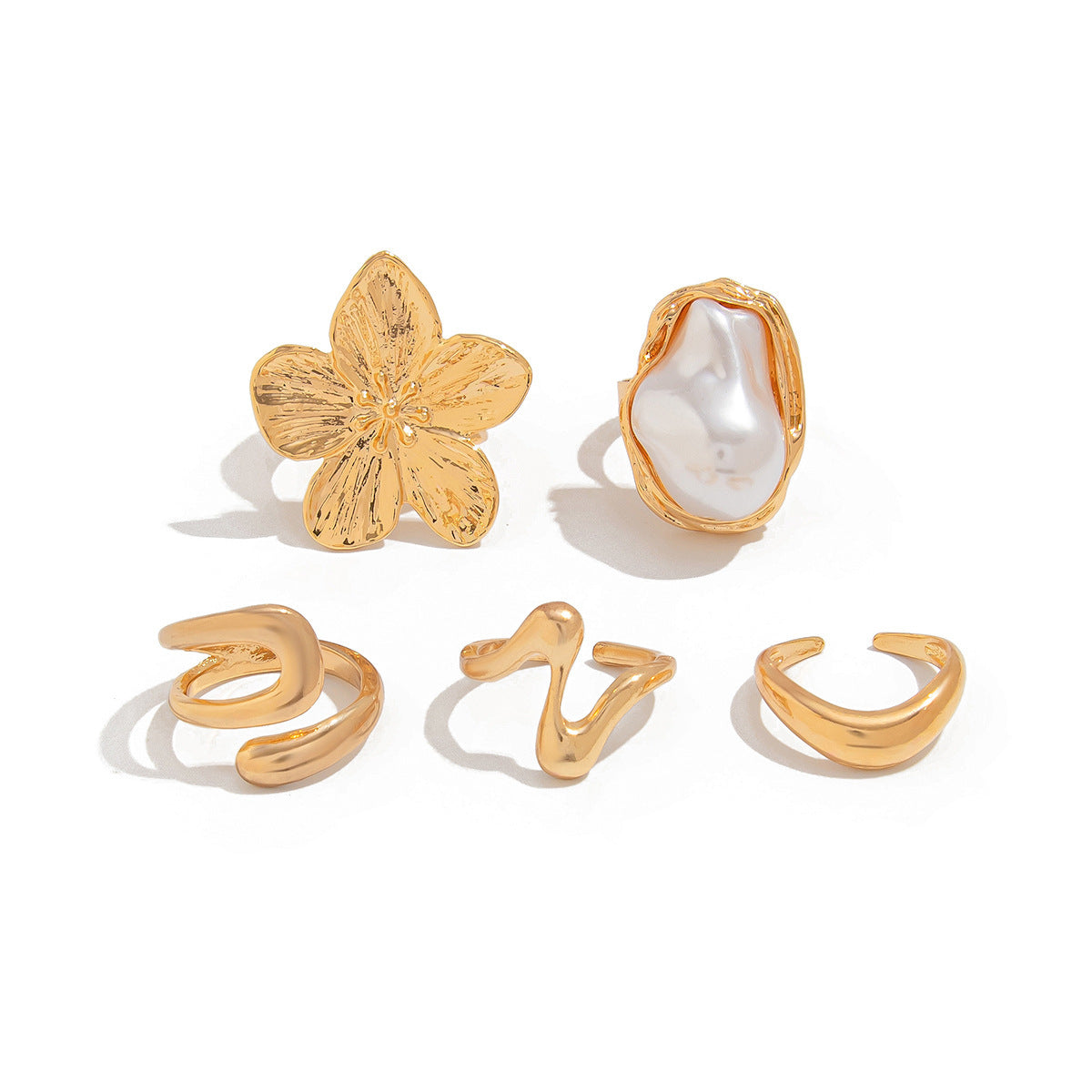 5 PCS Liquid Gold Tone Ring Set - Baroque Faux Pearl, Textured Flower & Abstract Wave Bands - Adjustable Boho Stackable Jewellery