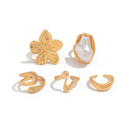 5 PCS Liquid Gold Tone Ring Set - Baroque Faux Pearl, Textured Flower & Abstract Wave Bands - Adjustable Boho Stackable Jewellery