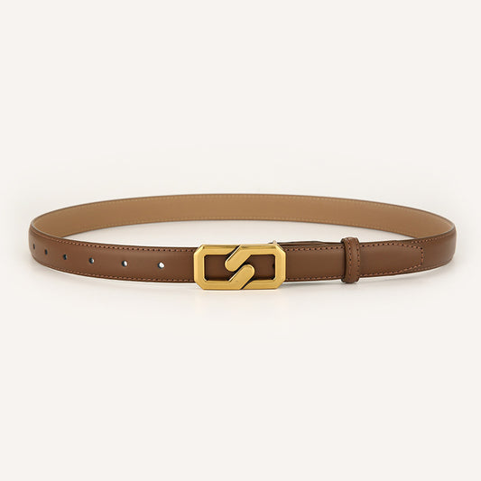 Womens Genuine Leather Belt Caramel 2.3cm Wide Gold Buckle Waist Strap for Jeans & Dresses Elegant Fashion Accessory