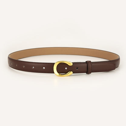 Womens Genuine Leather Belt Coffee C-Shape Gold Buckle Waist Strap for Jeans & Dresses Classic Fashion Accessory