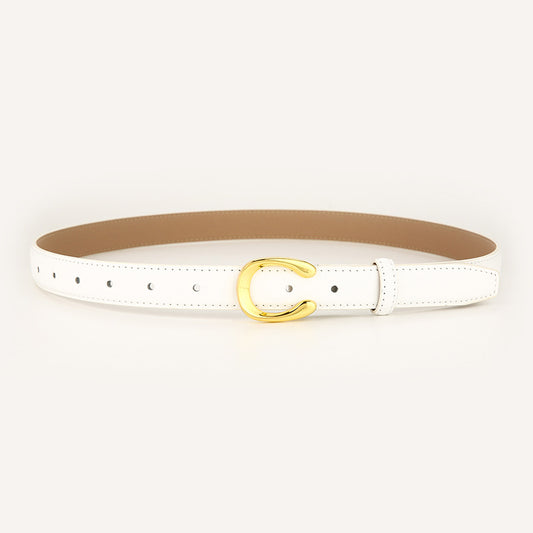 Womens Genuine Leather Belt White C-Shape Gold Buckle Waist Strap for Jeans & Dresses Classic Fashion Accessory