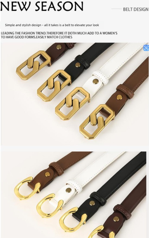 Womens Genuine Leather Belt White C-Shape Gold Buckle Waist Strap for Jeans & Dresses Classic Fashion Accessory