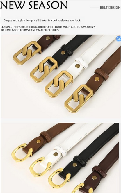 Womens Genuine Leather Belt White C-Shape Gold Buckle Waist Strap for Jeans & Dresses Classic Fashion Accessory