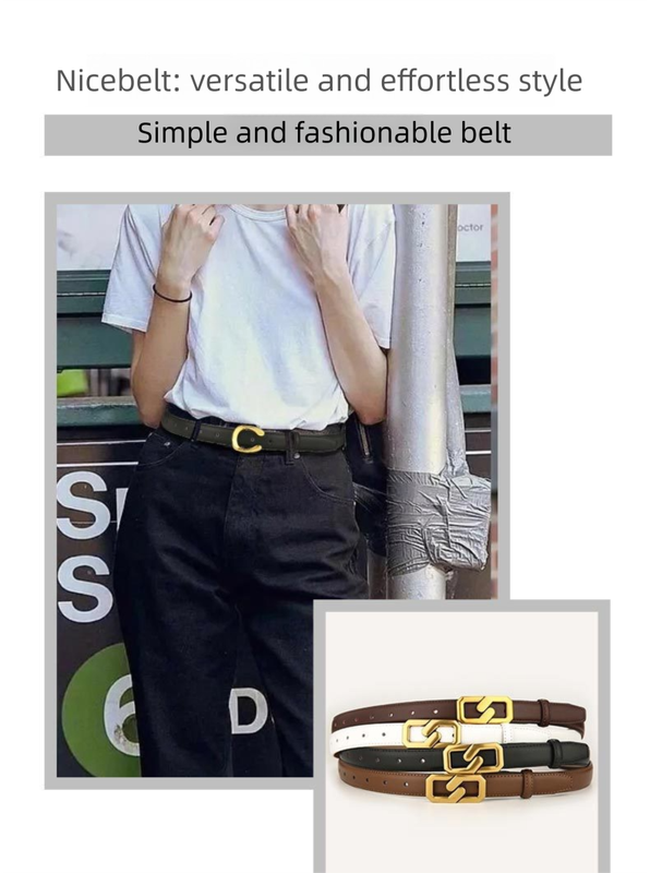 Womens Genuine Leather Belt White C-Shape Gold Buckle Waist Strap for Jeans & Dresses Classic Fashion Accessory