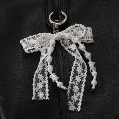 Korean Style Designer Faux Pearl and Fabric Bow Bag Charm Elegant White Ribbon Bow Keychain for Handbags and Car Keys