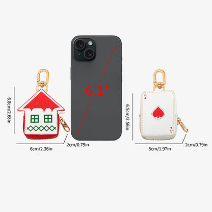 Cute Christmas House Mini Pouch Keychain PU Leather Coin Purse Earbuds Case Bag Charm Festive Gift