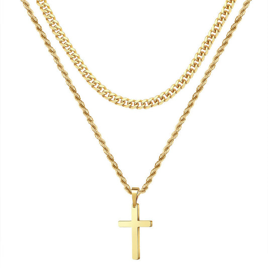 Double Layer Gold Tone Cross Pendant Necklace Set Cuban Link & Rope Chain 40-45cm Layered Fashion Jewellery