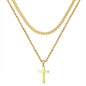 Double Layer Gold Tone Cross Pendant Necklace Set Cuban Link & Rope Chain 40-45cm Layered Fashion Jewellery