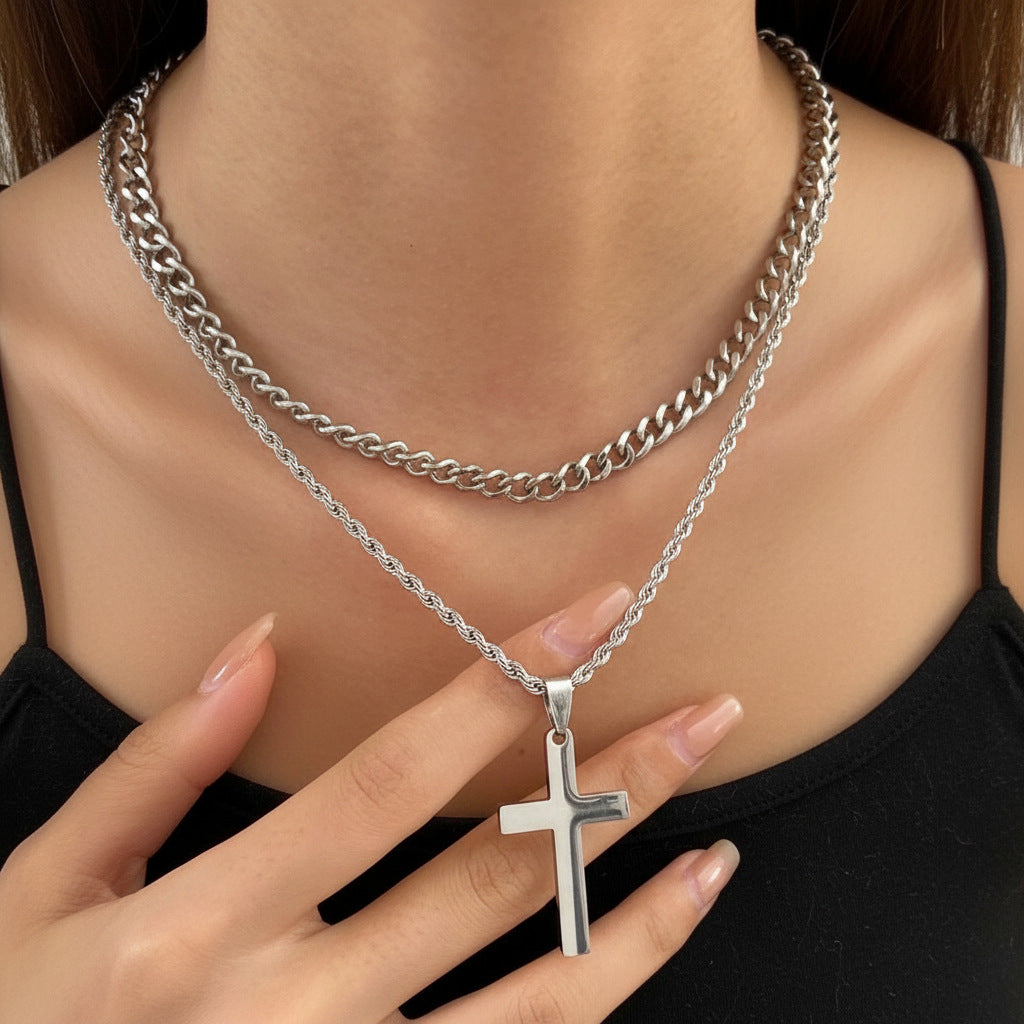 Double Layer Silver Tone Cross Pendant Necklace Set Cuban Link & Rope Chain 40-45cm Layered Fashion Jewellery