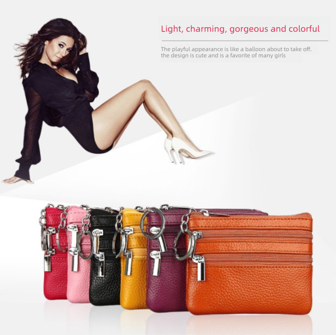Genuine Leather Coin Purse Mini Wallet with Triple Zipper Pockets Key Ring Holder Pouch for Cash & Cards - Milky white