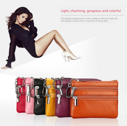 Genuine Leather Coin Purse Mini Wallet with Triple Zipper Pockets Key Ring Holder Pouch for Cash & Cards - Milky white