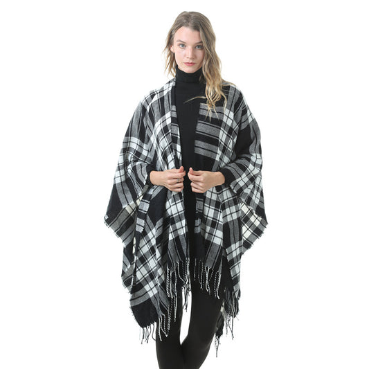 Women's Plaid Open-Front Poncho Cape – Soft Faux Cashmere Scarf Wrap with Tassel Detail (130 x 150cm)- Style P727