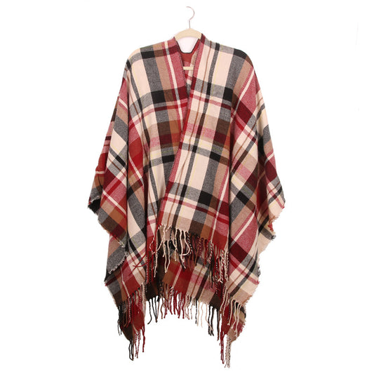 Women's Plaid Open-Front Poncho Cape – Soft Faux Cashmere Scarf Wrap with Tassel Detail (130 x 150cm)- Style A04