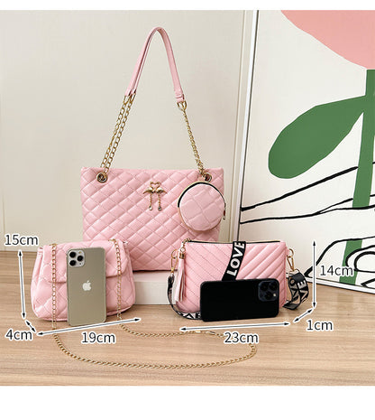 4-Piece PU Leather Rhombus Handbag Set - Large Capacity Shoulder Bag with Secure Zipper & Buckle Closure, Stylish Strap & Charms(White)