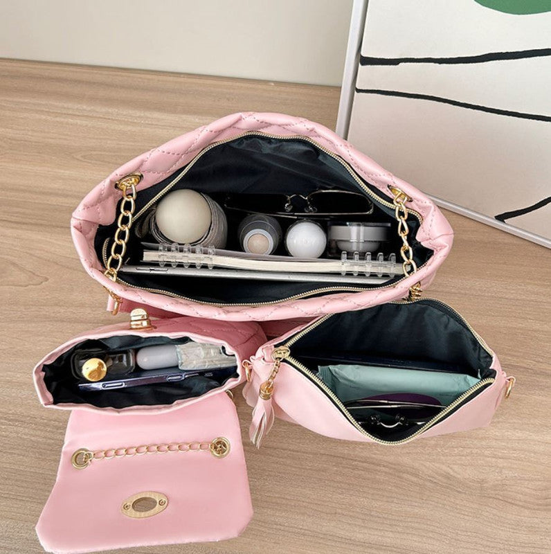 4-Piece PU Leather Rhombus Handbag Set - Large Capacity Shoulder Bag with Secure Zipper & Buckle Closure, Stylish Strap & Charms(White)
