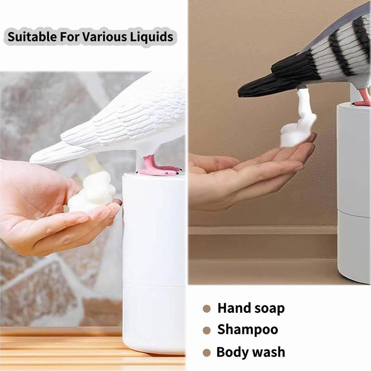 Adorable White Pigeon Smart Motion Sensor Foam Pump - Touchless Hand Washer with Anti-Glare Technology for Outdoor & Bright Light