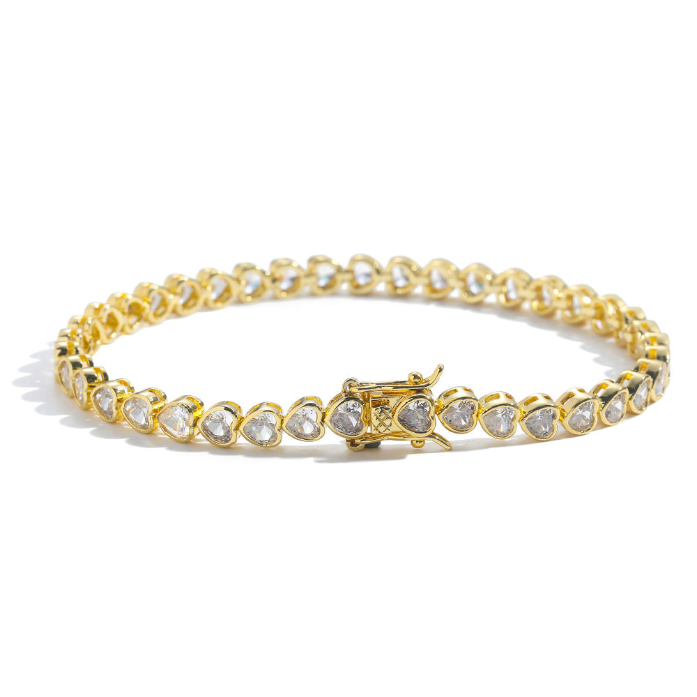 Gold Bling Heart Tennis Bracelet for Women with Micro-Paved Heart Zirconia - Romantic Couple's Jewelry (7" Length)