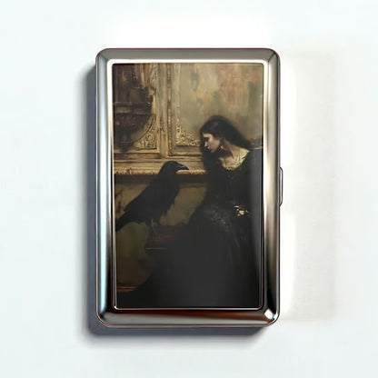 Retro Metal Card Cash & Cigarette Case with Fixed Clip - Crow Artistic Slim Wallet (10.3X6X2cm)