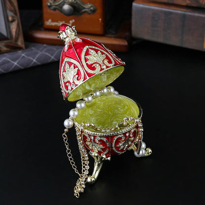 Red Vintage European Rhinestone Inlaid Embossed Enameled Jewelry Box - Hand-Painted Easter Egg Metal Craft