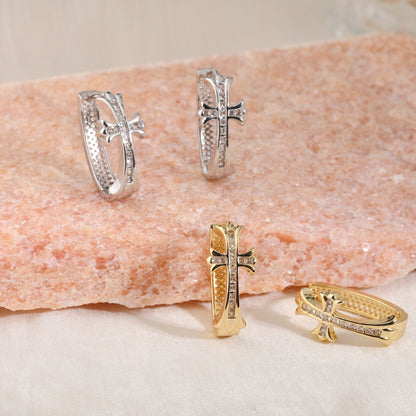 2-Pair Sliver Sparkling Iced Out Rhinestone Cross Hoop Earrings - Punk Elegance Ear Buckle for Women