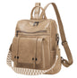 Khaki Retro Soft PU Leather Backpack for Women - Water-Resistant Large Capacity Travel Rucksack with Dual Detachable Straps