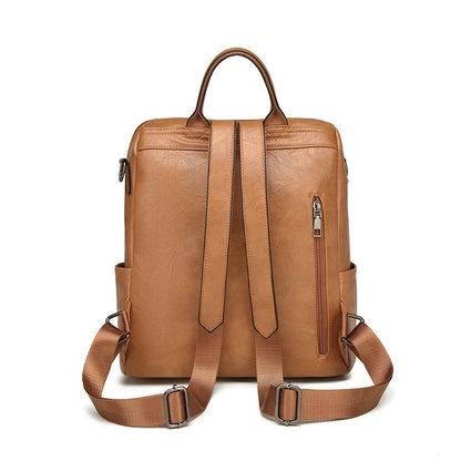 Khaki Retro Soft PU Leather Backpack for Women - Water-Resistant Large Capacity Travel Rucksack with Dual Detachable Straps