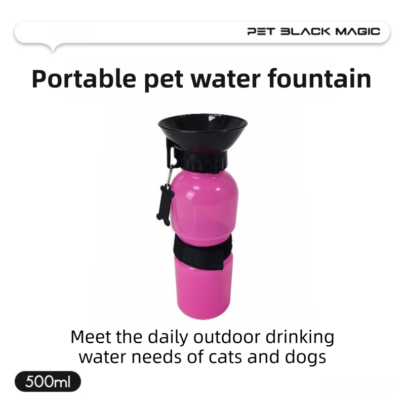 Pink 500ML Portable Pet Dog Water Bottle with 10cm Wide Bowl - Leakproof Travel Drinker for Outdoor Walking and Hiking