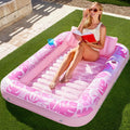 180x118CM Pink Deluxe Inflatable Suntan Tub & Floating Pool Lounger with Dual Integrated Cup Holders and Pillow - Portable Sunbathing Pool for Lawn & Water