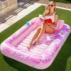180x118CM Pink Deluxe Inflatable Suntan Tub & Floating Pool Lounger with Dual Integrated Cup Holders and Pillow - Portable Sunbathing Pool for Lawn & Water