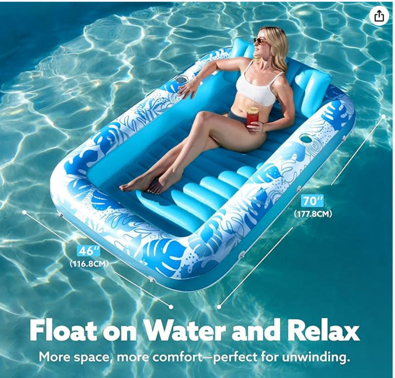 180x118CM Pink Deluxe Inflatable Suntan Tub & Floating Pool Lounger with Dual Integrated Cup Holders and Pillow - Portable Sunbathing Pool for Lawn & Water