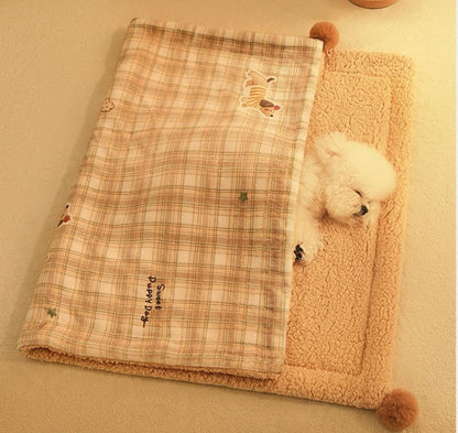 Plaid Puppy Premium Soft Fleece Dog Bed Mat/Quilt (S Size 50 x 35 CM) - All-Season Reversible Warm Cat Nap Pad