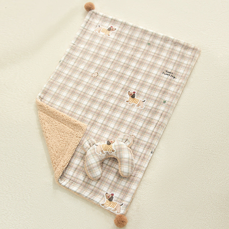 Plaid Puppy Premium Soft Fleece Dog Bed Quilt & Pillow Set (M Size 70 x 50 CM) - All-Season Reversible Warm Cat Nap Pad