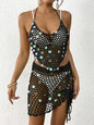 Black Women's Hand-Crocheted Beachwear Set with Sequin Embellishments – Boho Style Two-Piece Bikini Cover-Up