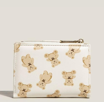 Black Cute Bear Print Bifold Wallet - PU Leather & Polyester Card Holder with Zip Coin Purse & ID Window - Compact Foldable Wallet for Women & Students