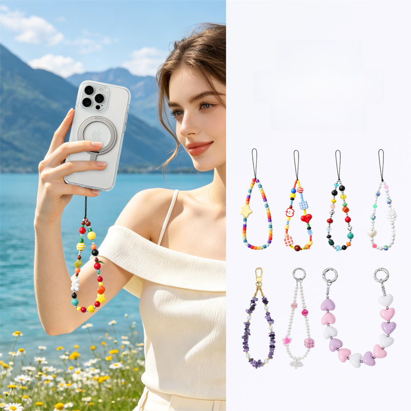 YKA-12 Trendy Double-Clasp Beaded Phone Wrist Strap - Colorful Acrylic & Metal Anti-Loss Lanyard with Spacer Gift