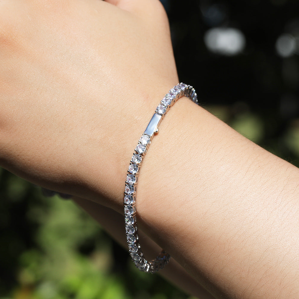 Silver Single-Row Zircon Bracelet – 4mm Wide, Brass Base with Secure Clasp, AAA+ Stones for Everyday Wear