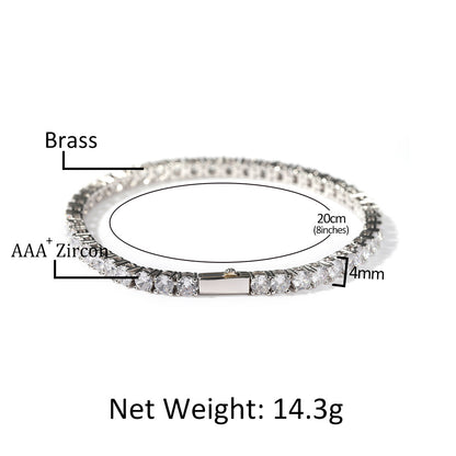 Silver Single-Row Zircon Bracelet – 4mm Wide, Brass Base with Secure Clasp, AAA+ Stones for Everyday Wear