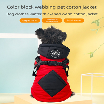 Red Thickened Winter Dog Coat with Reflective Strips – Waterproof, Windproof Pet Jacket for Small to Medium Dogs, Adjustable Fit with Detachable Leash Hook and Decorative Velcro Patch(Size: M)