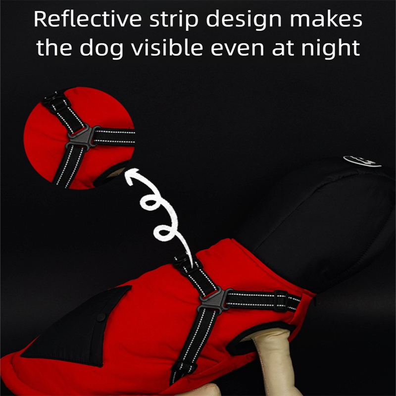 Red Thickened Winter Dog Coat with Reflective Strips – Waterproof, Windproof Pet Jacket for Small to Medium Dogs, Adjustable Fit with Detachable Leash Hook and Decorative Velcro Patch(Size: M)