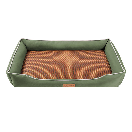 Green Rectangular Pet Bed with Removable Cooling Mat – Durable 600D Oxford Fabric Dog & Cat Bed, High-Rebound PP Cotton Filling, Non-Slip Base, for Medium to Large Breeds, Includes Free Cooling Pad(Size:S)
