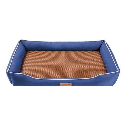 Blue Rectangular Pet Bed with Removable Cooling Mat – Durable 600D Oxford Fabric Dog & Cat Bed, High-Rebound PP Cotton Filling, Non-Slip Base, for Medium to Large Breeds, Includes Free Cooling Pad(Size:L)