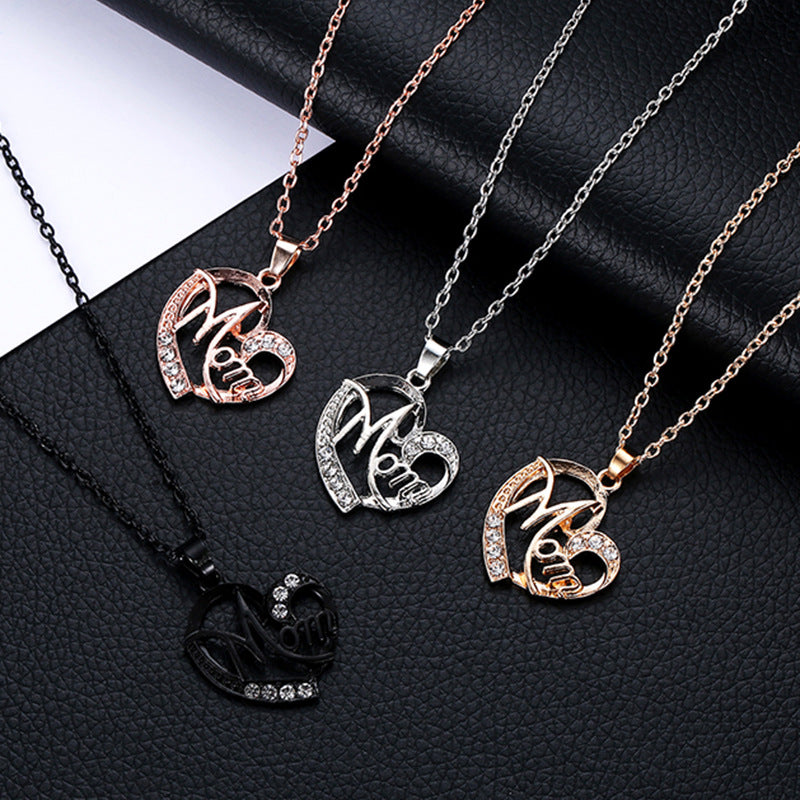 Golden MOM Heart Pendant Necklace with Rhinestones - Adjustable 47+5cm Chain, Lightweight Alloy Jewelry for Mother's Day Gift, Everyday Wear & Special Occasions - Elegant Letter Design for Women