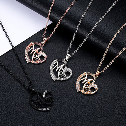 Yahai MOM Heart Pendant Necklace with Rhinestones - Adjustable 47+5cm Chain, Lightweight Alloy Jewelry for Mother's Day Gift, Everyday Wear & Special Occasions - Elegant Letter Design for Women