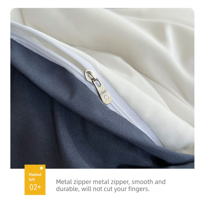 White and Dark Grey Washed Cotton Bedding Set - Solid Color Fitted Sheet Style, 4-Piece Set for 1.5m Bed, Includes 10 Random Color Quilt Fasteners(1.5m)
