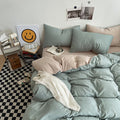 Matcha khaki Washed Cotton Bedding Set - Solid Color Fitted Sheet Style, 4-Piece Set for 1.8m Bed, Includes 10 Random Color Quilt Fasteners