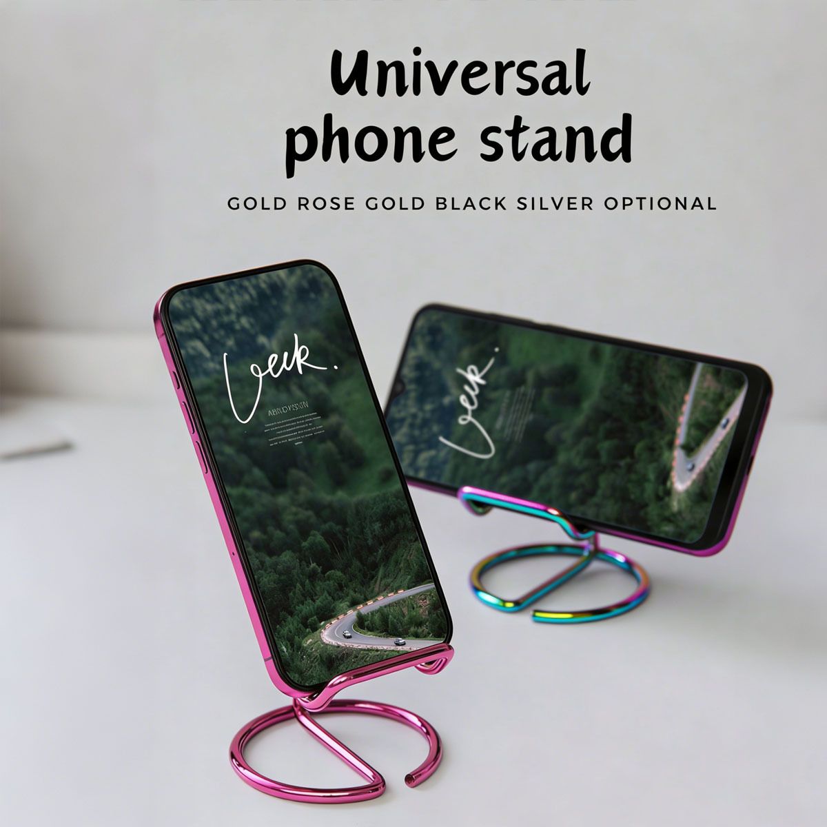 2-Pack Gold Universal Aluminum Phone Stand - Minimalist One-Piece Metal Tablet Holder - Durable Integrated Fixed Angle Desktop Bracket, Sleek Industrial Design for Home Office and Bedroom