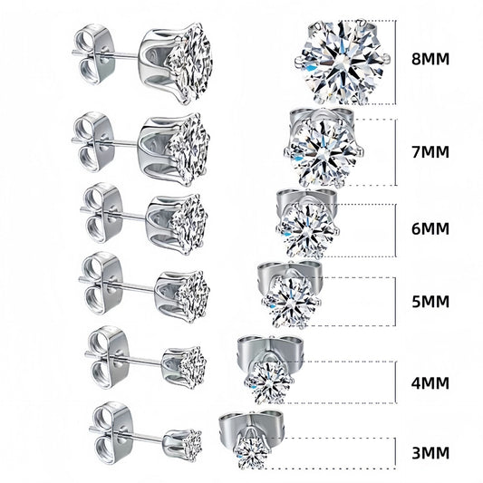 6-Pair Silver Stainless Steel Stud Earring Set - Classic 6-Prong Crown Setting with Sparkling Round Cubic Zirconia in Multiple Sizes - Durable Skin-Friendly Jewelry for Daily Wear and Stacking