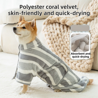 Grey Stripes Super Absorbent Pet Bathrobe with Waist Belt & Neck Snap - Full Coverage Quick-Drying Towel for Dogs & Cats (L Size)