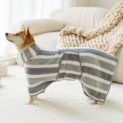 Brown Stripes Super Absorbent Pet Bathrobe with Waist Belt & Neck Snap - Full Coverage Quick-Drying Towel for Dogs & Cats (M Size)